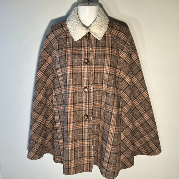 Brown Plaid Cape OSFM Academia Heritage Preppy English Countryside Western - Picture 1 of 8